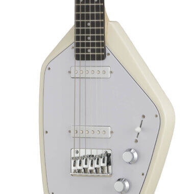 Vox Mark V Mini Guitar white body close up.