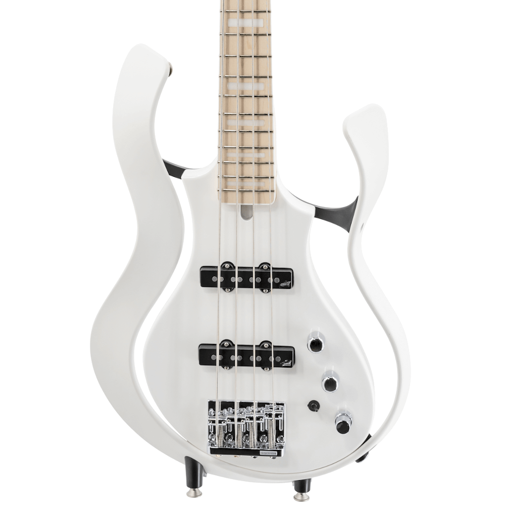 closeup of body of white VOX electric guitar